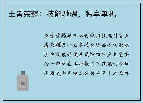王者荣耀：技能驰骋，独享单机